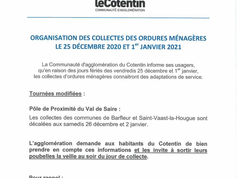 ORGANISATION DES COLLECTES DES ORDURES MÉNAGÈRES LES 25 DÉCEMBRE 2020 ET 1er JANVIER 2021